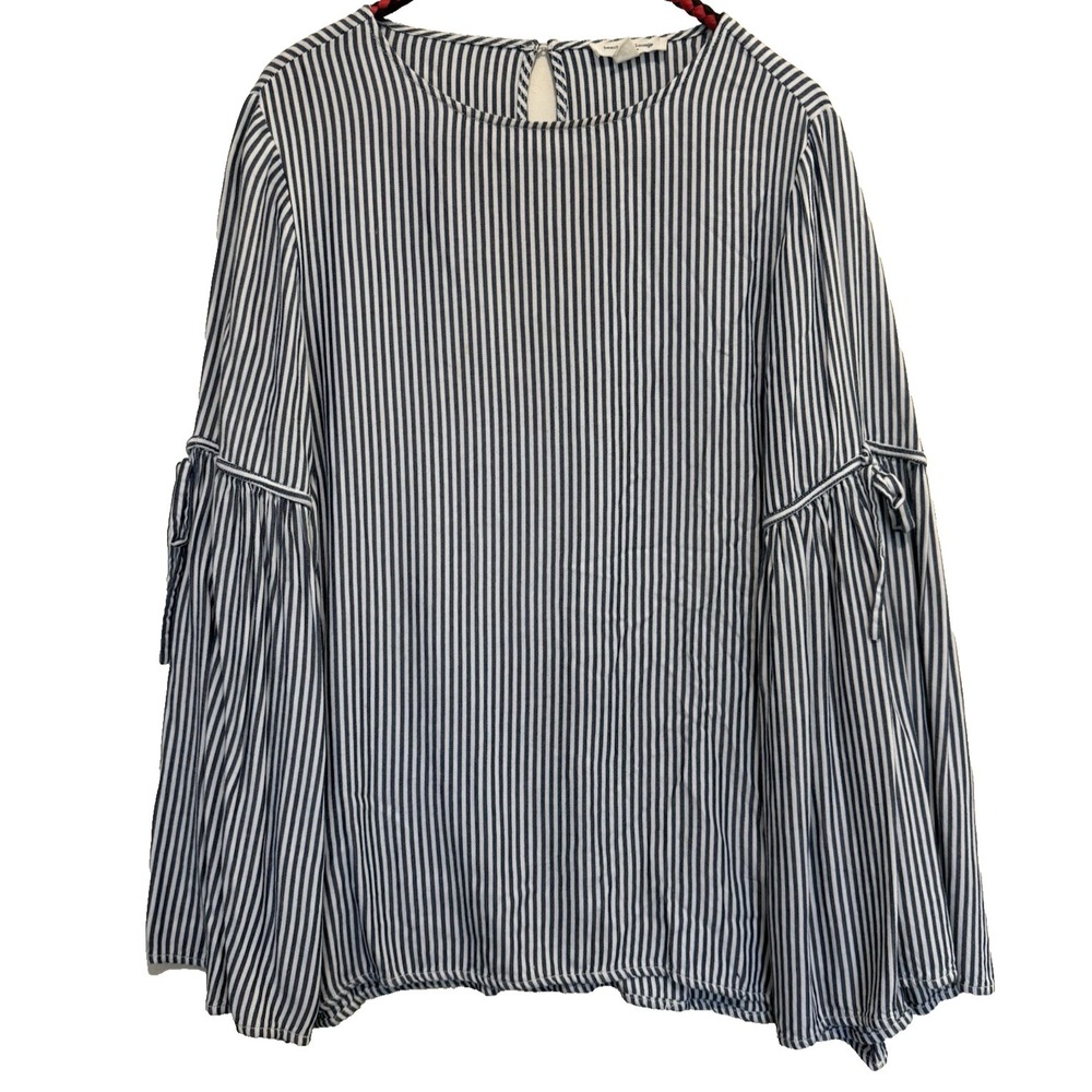 Nautical Striped Bell Sleeve Top M Ruffle Boho Cottage Fisherman Coastal Beach